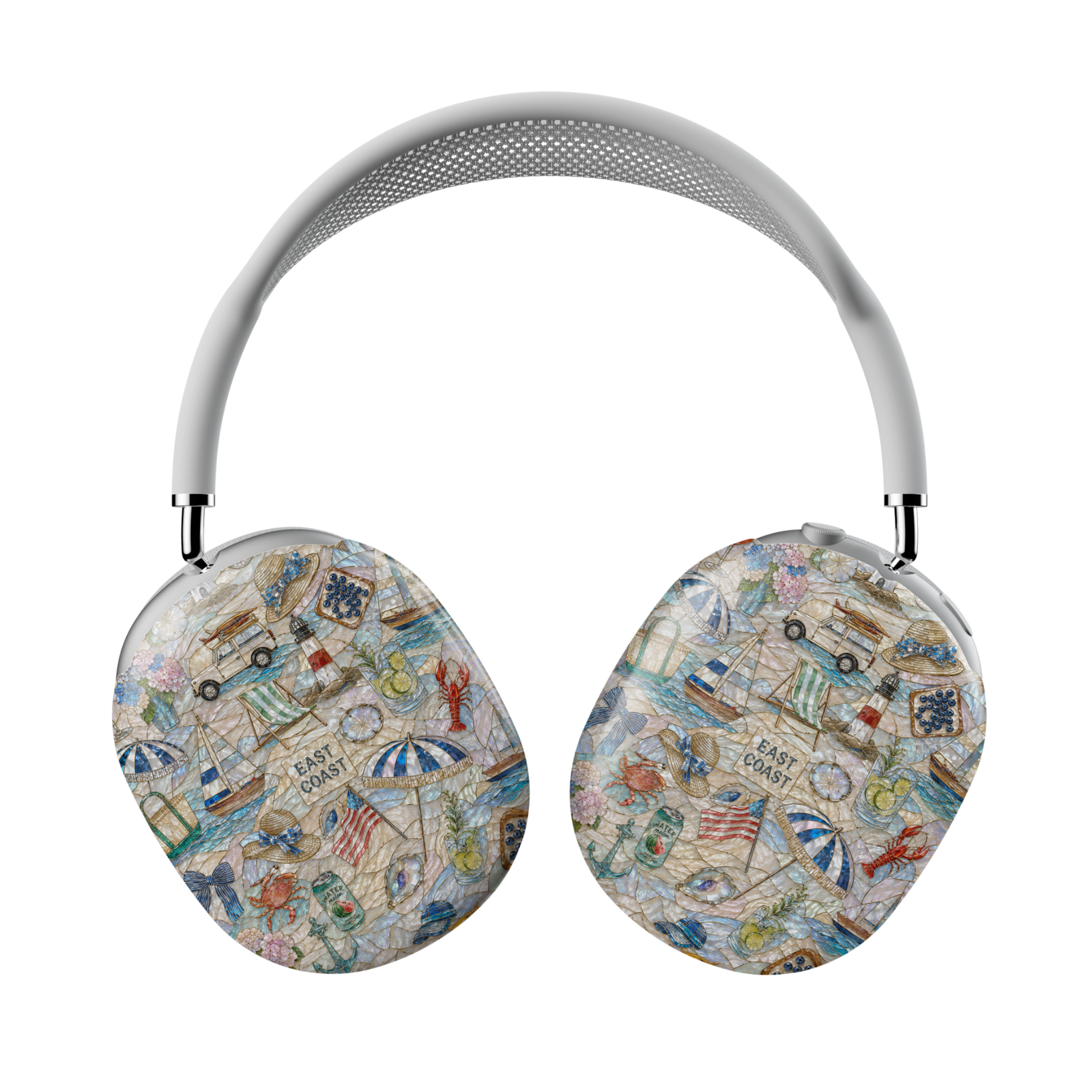 Coastal-themed AirPods Max case featuring anchors, hydrangeas, sailboats, seashells, beach drinks, a vintage surf wagon, and nautical summer details on a pearlescent background.
