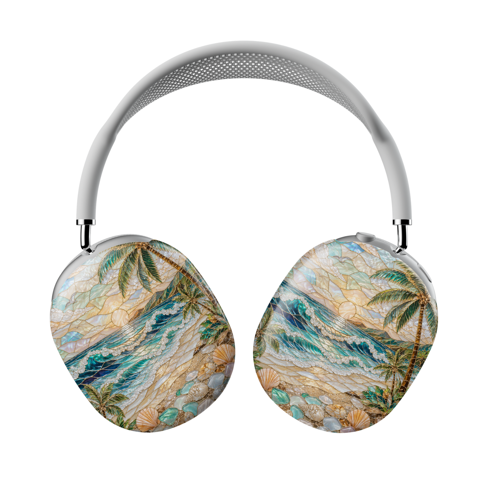 Coastal AirPod Max case featuring turquoise sea glass, pearlescent shells, sandy beach details, tropical palm trees, and shimmering ocean waves.