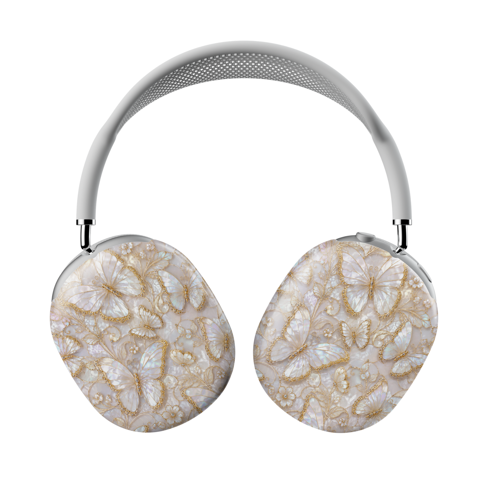 AirPods Max headphone covers featuring pearl butterflies with gold accents on an iridescent ivory opal background.