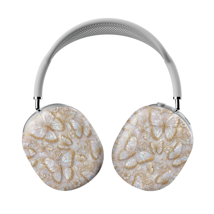 AirPods Max headphone covers featuring pearl butterflies with gold accents on an iridescent ivory opal background.