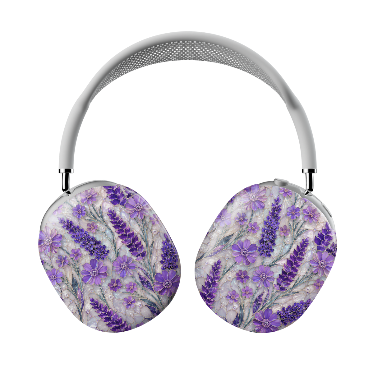Purple floral AirPods Max case featuring lavender flowers, pearl accents, botanical artwork, and stained-glass-inspired details.
