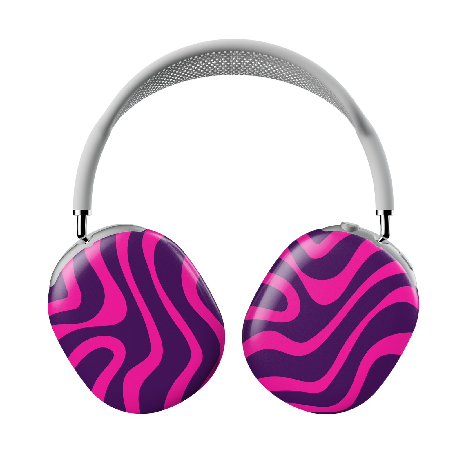 AirPods Max with glossy pink and purple wavy swirl cover design – stylish headphone accessory for women