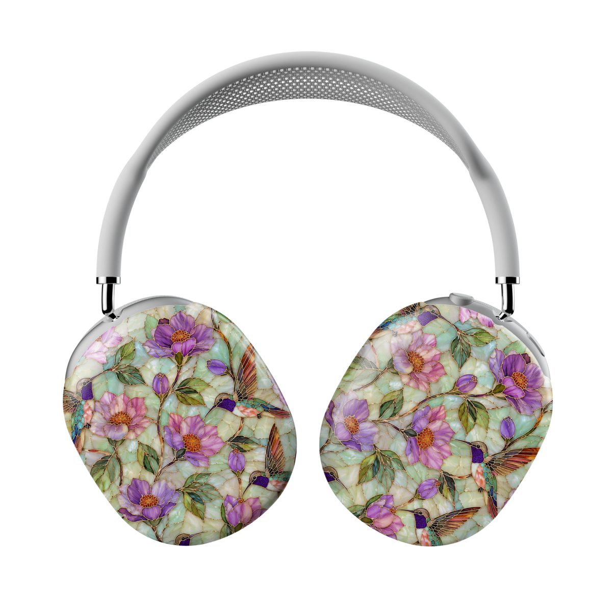 AirPods Max covers featuring colorful hummingbirds, purple flowers, green leaves, and stained-glass-inspired botanical artwork on a soft jade background.