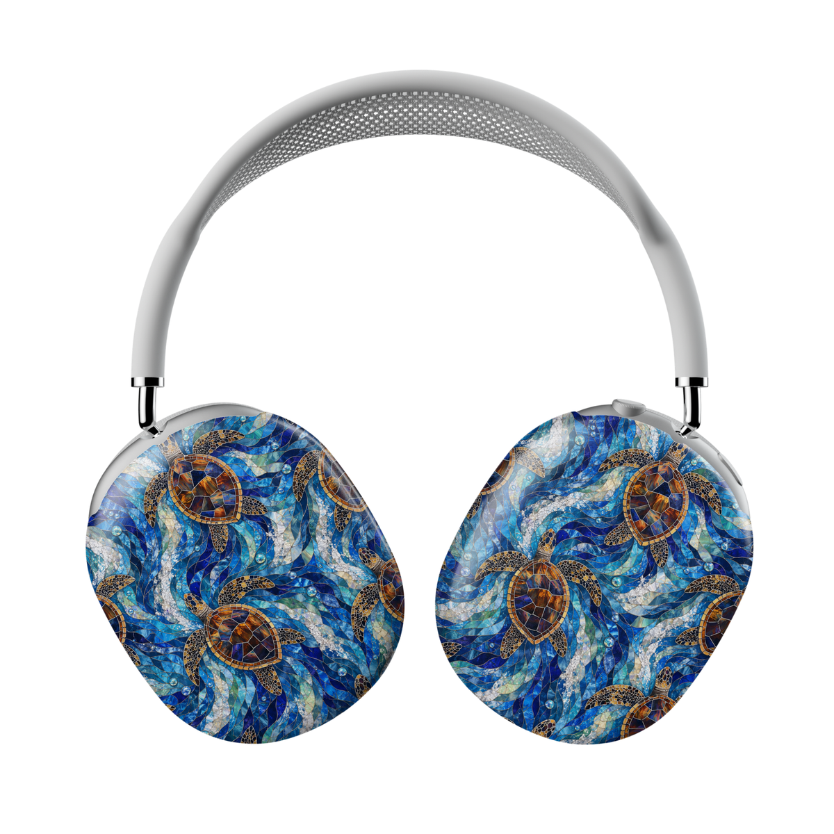 AirPods Max covers featuring sea turtles swimming through swirling blue ocean waves in a stained-glass mosaic design with vibrant shades of sapphire, turquoise, and aqua.
