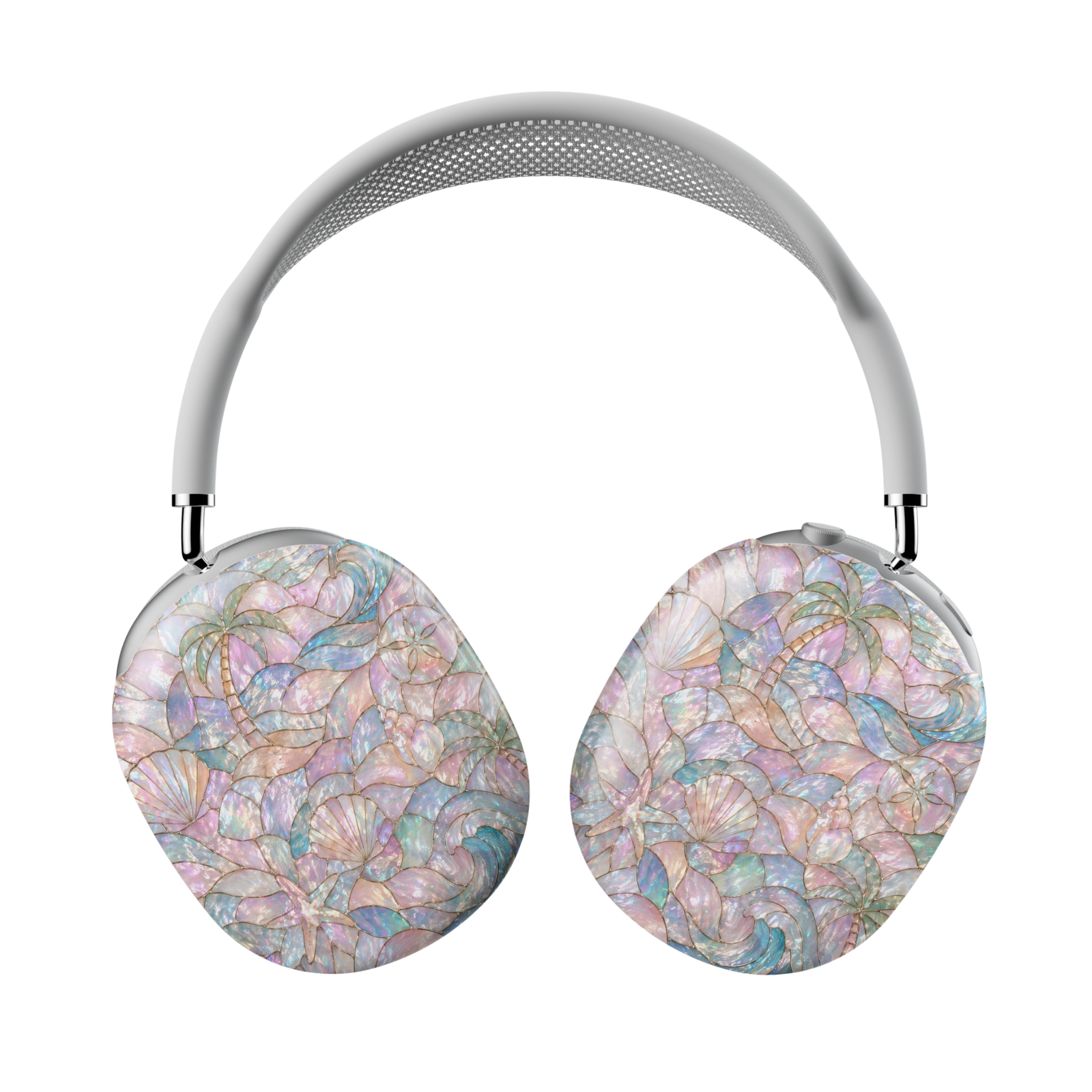 Pastel coastal AirPods Max cover featuring seashells, tropical waves, palm trees, starfish, and pearlescent beach-inspired artwork.