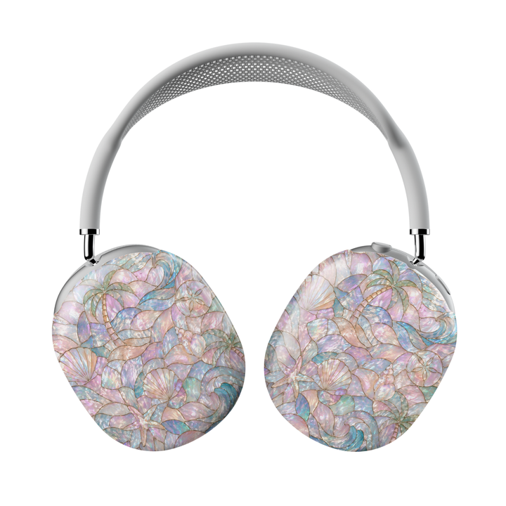 Pastel coastal AirPods Max cover featuring seashells, tropical waves, palm trees, starfish, and pearlescent beach-inspired artwork.