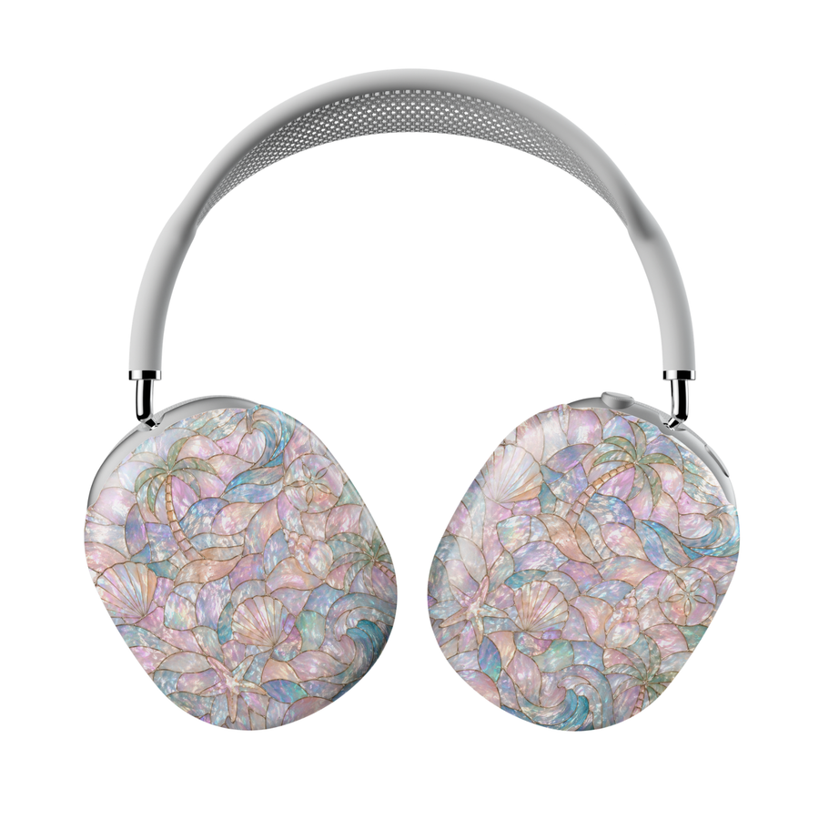 Pastel coastal AirPods Max cover featuring seashells, tropical waves, palm trees, starfish, and pearlescent beach-inspired artwork.