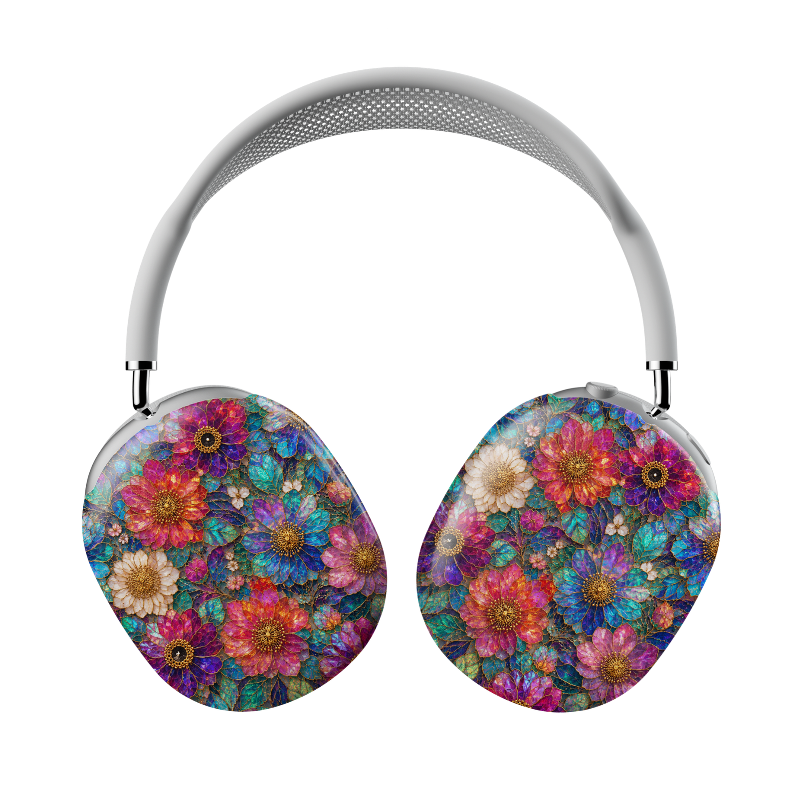 AirPods Max covers featuring colorful stained-glass flowers in vibrant shades of pink, purple, blue, turquoise, and ivory with intricate botanical details.