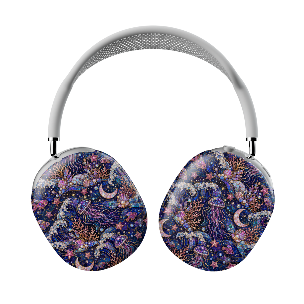AirPods Max covers featuring celestial ocean artwork with jellyfish, moons, stars, pearls, coral reefs, and seashells in deep blue and purple stained-glass tones.