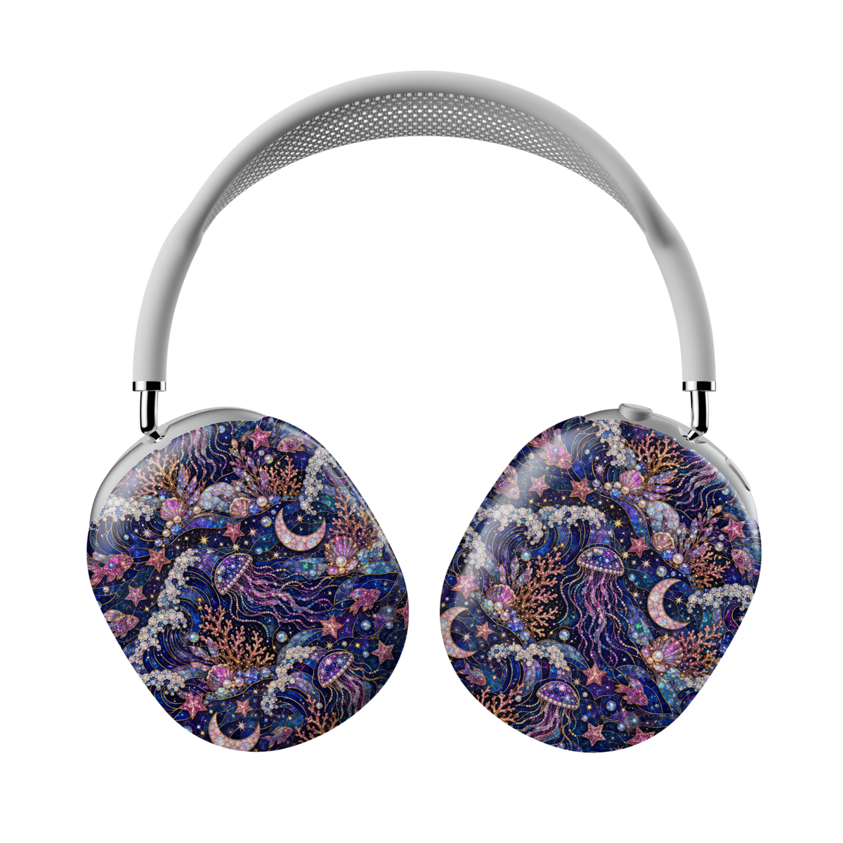 AirPods Max covers featuring celestial ocean artwork with jellyfish, moons, stars, pearls, coral reefs, and seashells in deep blue and purple stained-glass tones.