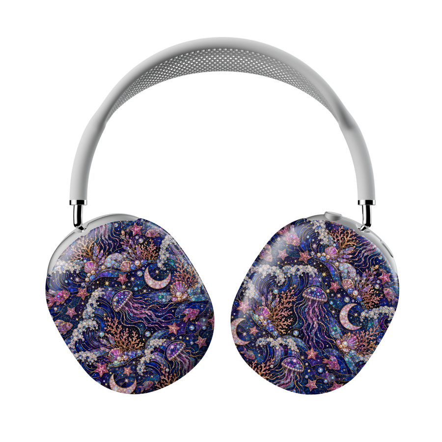 AirPods Max covers featuring celestial ocean artwork with jellyfish, moons, stars, pearls, coral reefs, and seashells in deep blue and purple stained-glass tones.