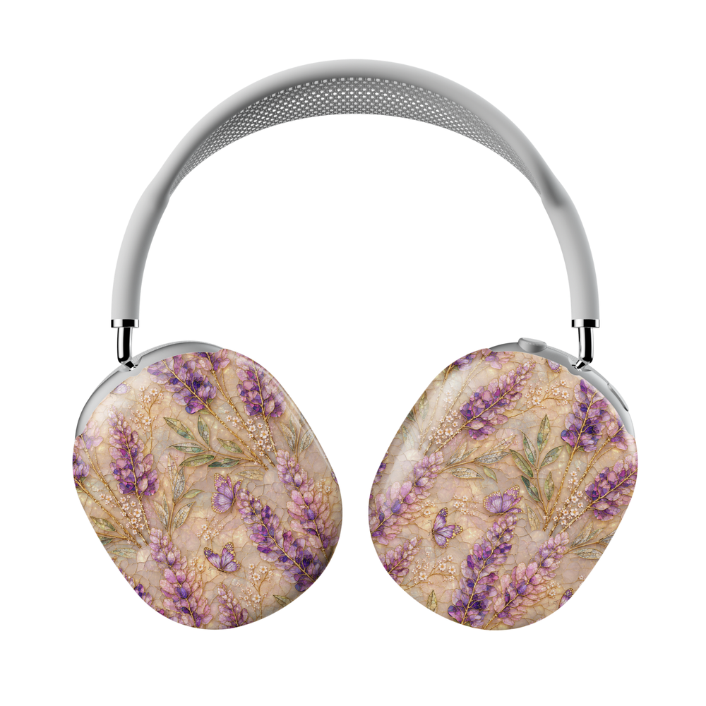 AirPods Max covers featuring lavender flowers, butterflies, wildflowers, and delicate botanical artwork in soft purple, cream, and sage green tones.