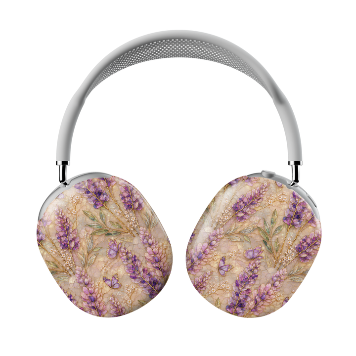AirPods Max covers featuring lavender flowers, butterflies, wildflowers, and delicate botanical artwork in soft purple, cream, and sage green tones.