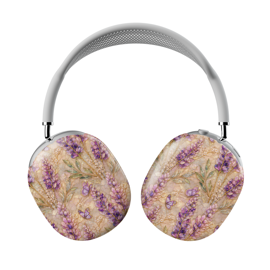AirPods Max covers featuring lavender flowers, butterflies, wildflowers, and delicate botanical artwork in soft purple, cream, and sage green tones.