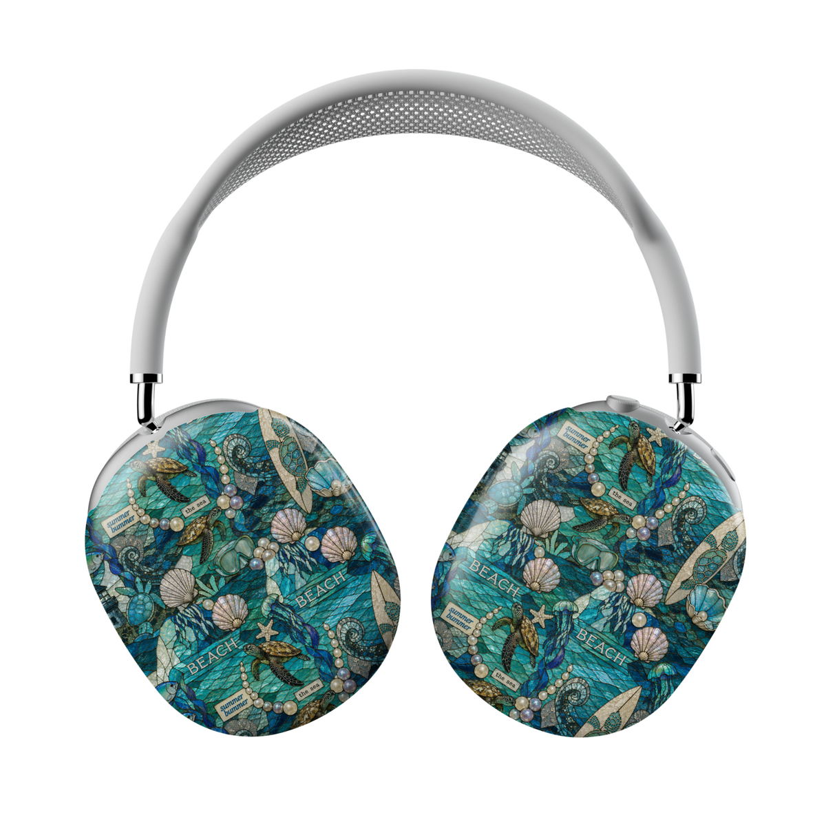 AirPods Max covers featuring a coastal beach collage with sea turtles, seashells, pearls, surfboards, jellyfish, and ocean-inspired artwork in blue and turquoise tones.