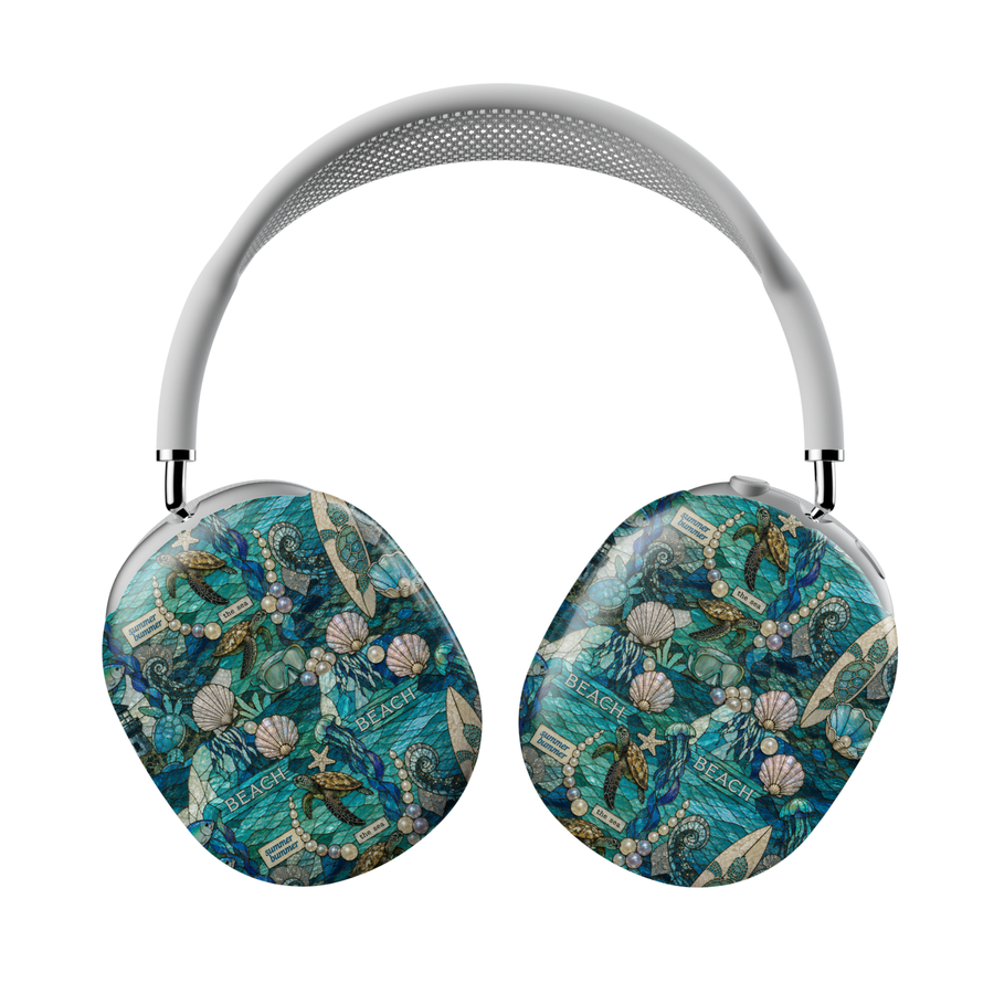 AirPods Max covers featuring a coastal beach collage with sea turtles, seashells, pearls, surfboards, jellyfish, and ocean-inspired artwork in blue and turquoise tones.