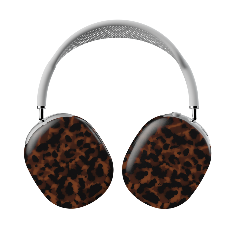 Glossy tortoiseshell AirPods Max cover with brown and black pattern, stylish protective headphone case