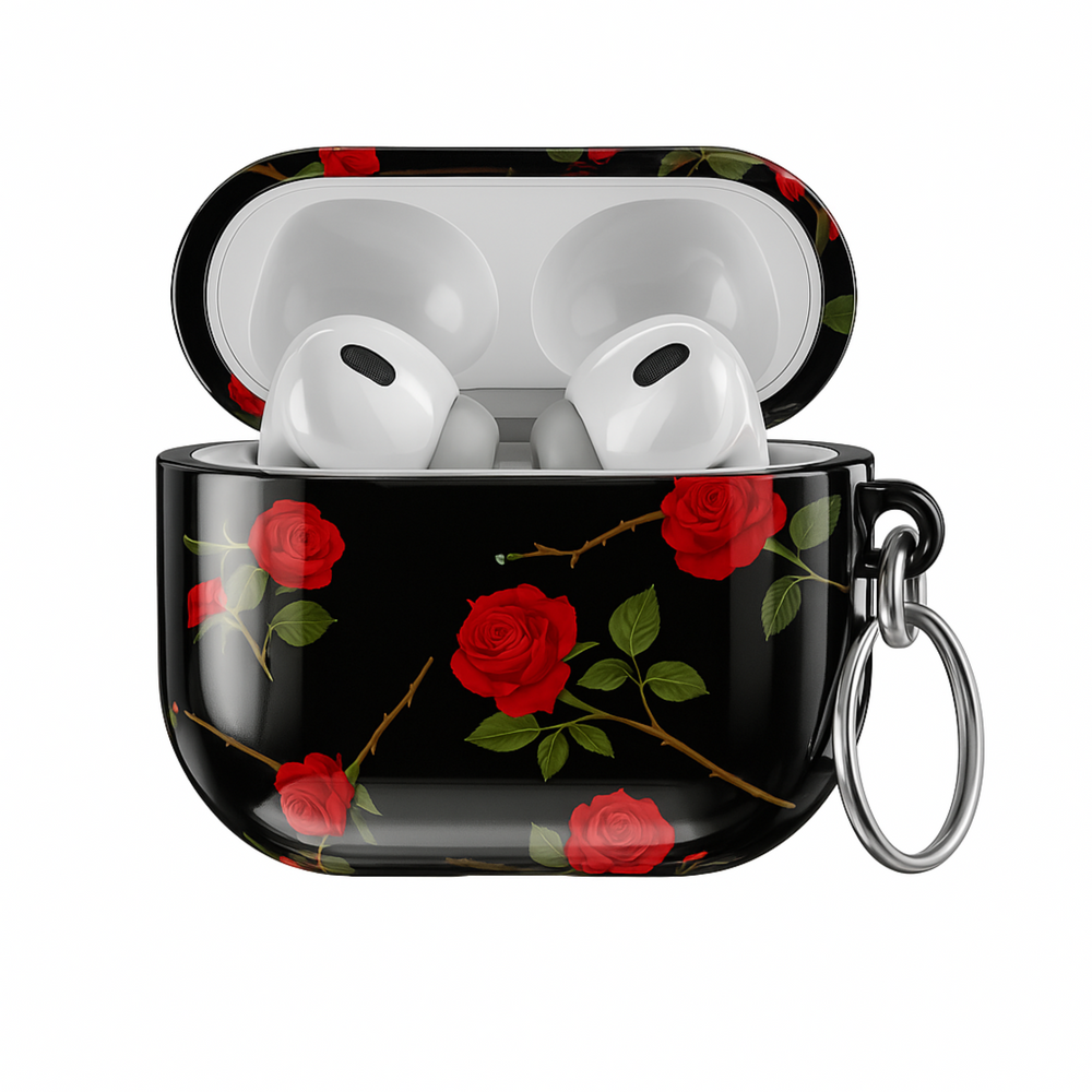 Glossy black AirPods case with red rose floral pattern and silver keyring, romantic aesthetic protective cover for AirPods Pro or AirPods 3.
