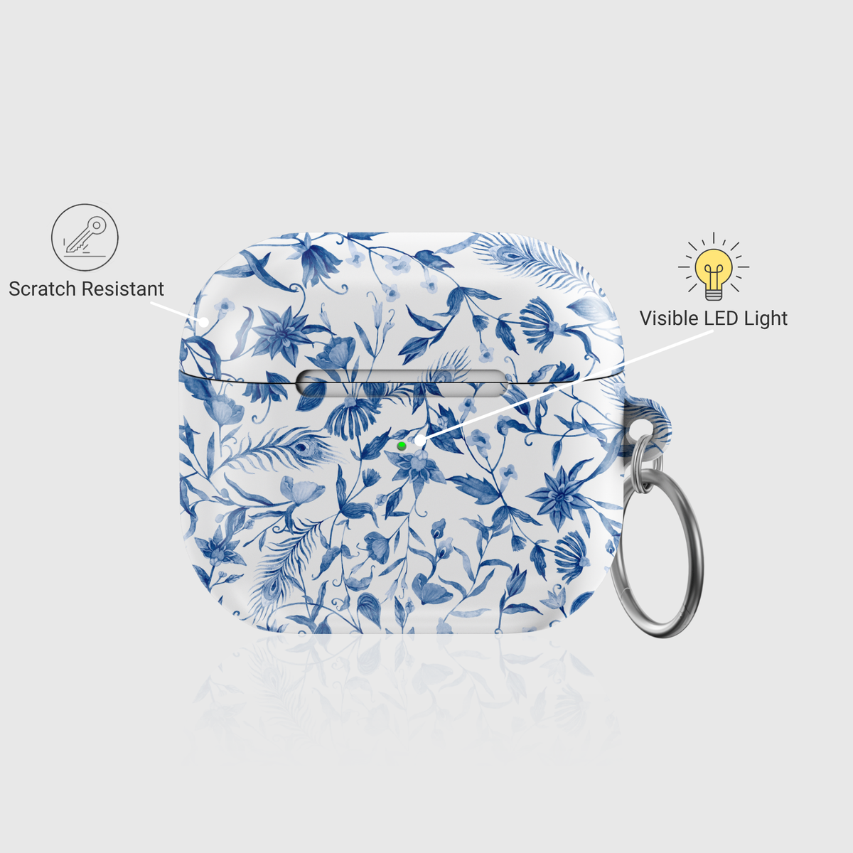 Blue floral patterned AirPods case with glossy finish and attached silver keychain ring

