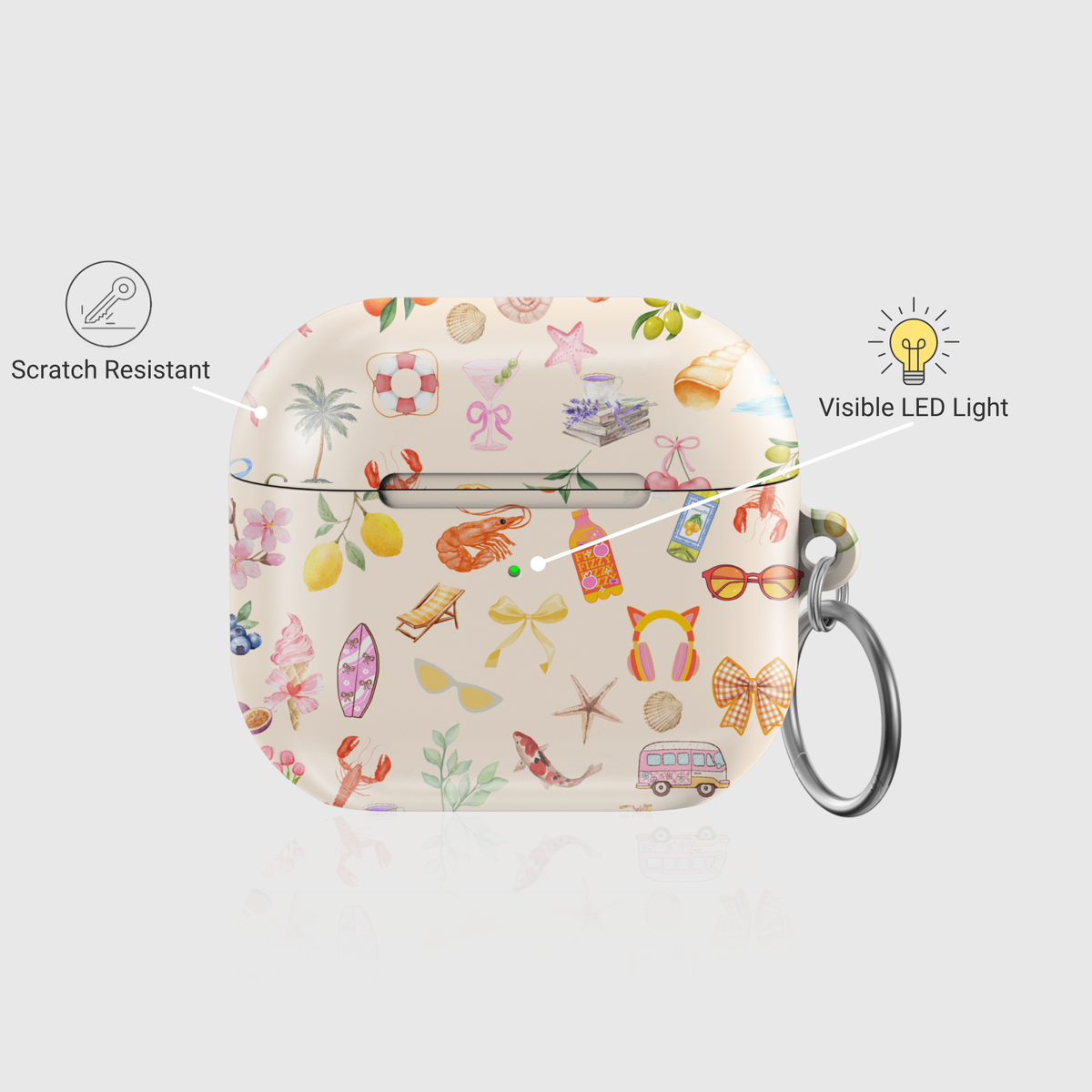 Glossy AirPods case with summer doodle illustrations and attached silver keychain ring

