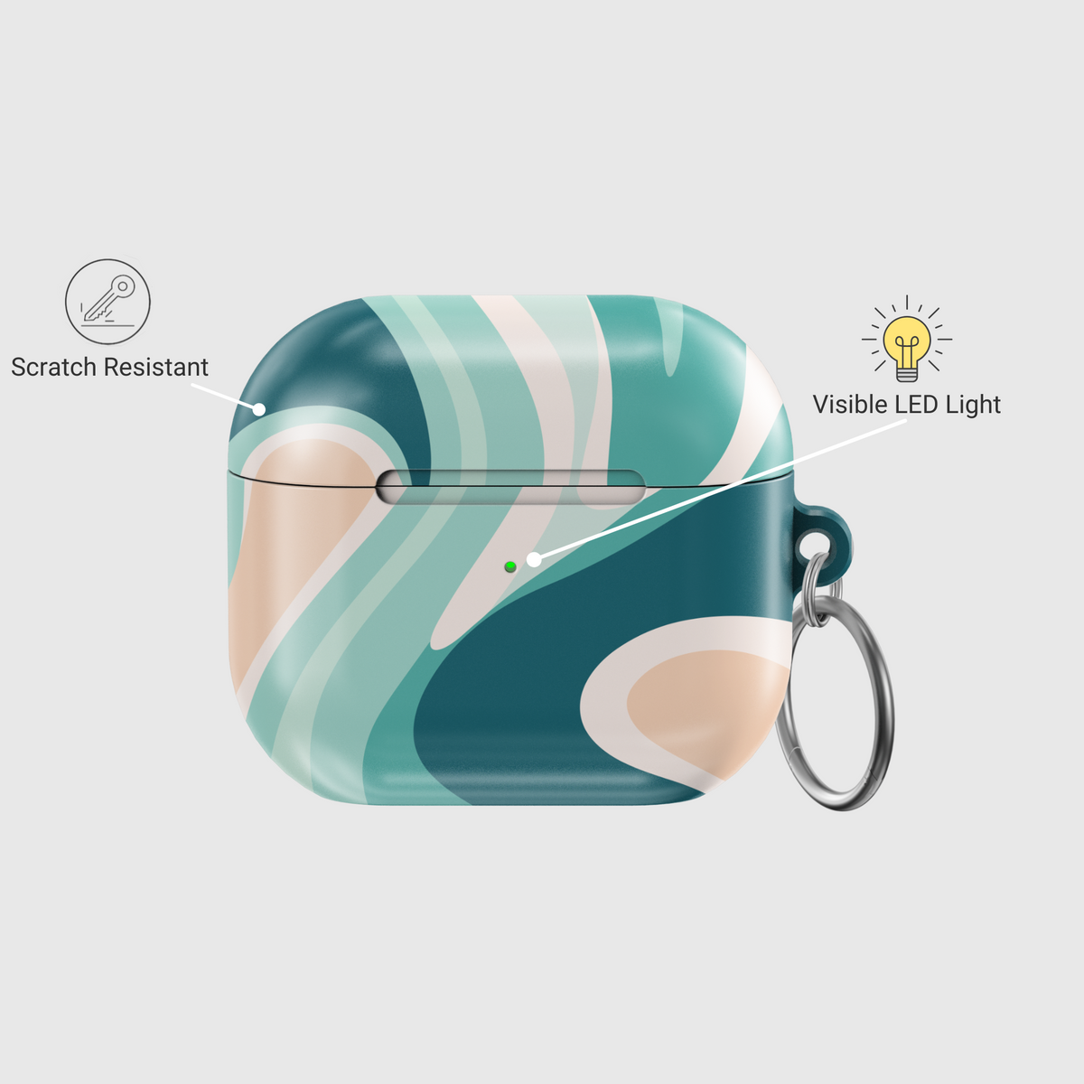Teal abstract wavy AirPods case with silver keyring – blue green and beige modern design for AirPods 3rd Gen.