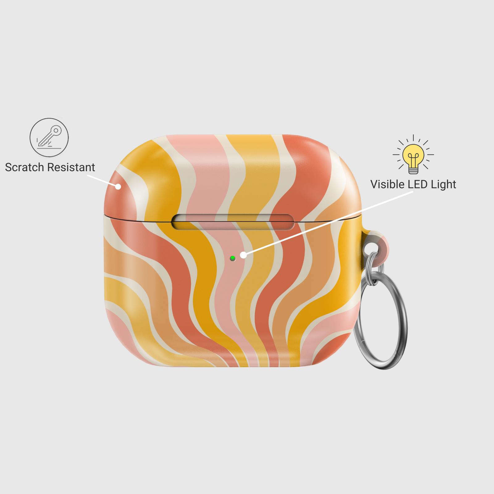Retro AirPods case with orange, yellow, and blush wavy sunray pattern and silver keyring – summer aesthetic tech accessory.