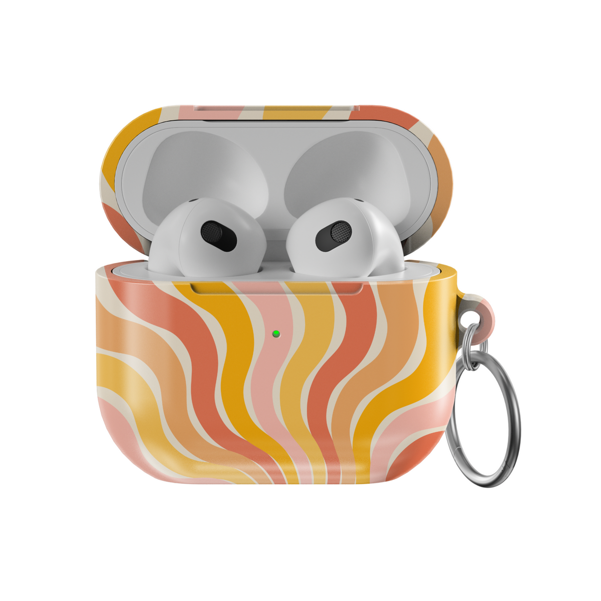 Retro AirPods case with orange, yellow, and blush wavy sunray pattern and silver keyring – summer aesthetic tech accessory.