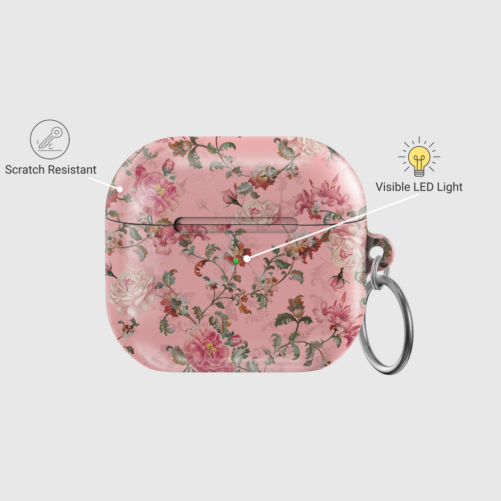 Pink vintage floral AirPods case with romantic flower pattern, cute aesthetic protective AirPods Pro and Gen 1 2 3 cover with keyring attachment


