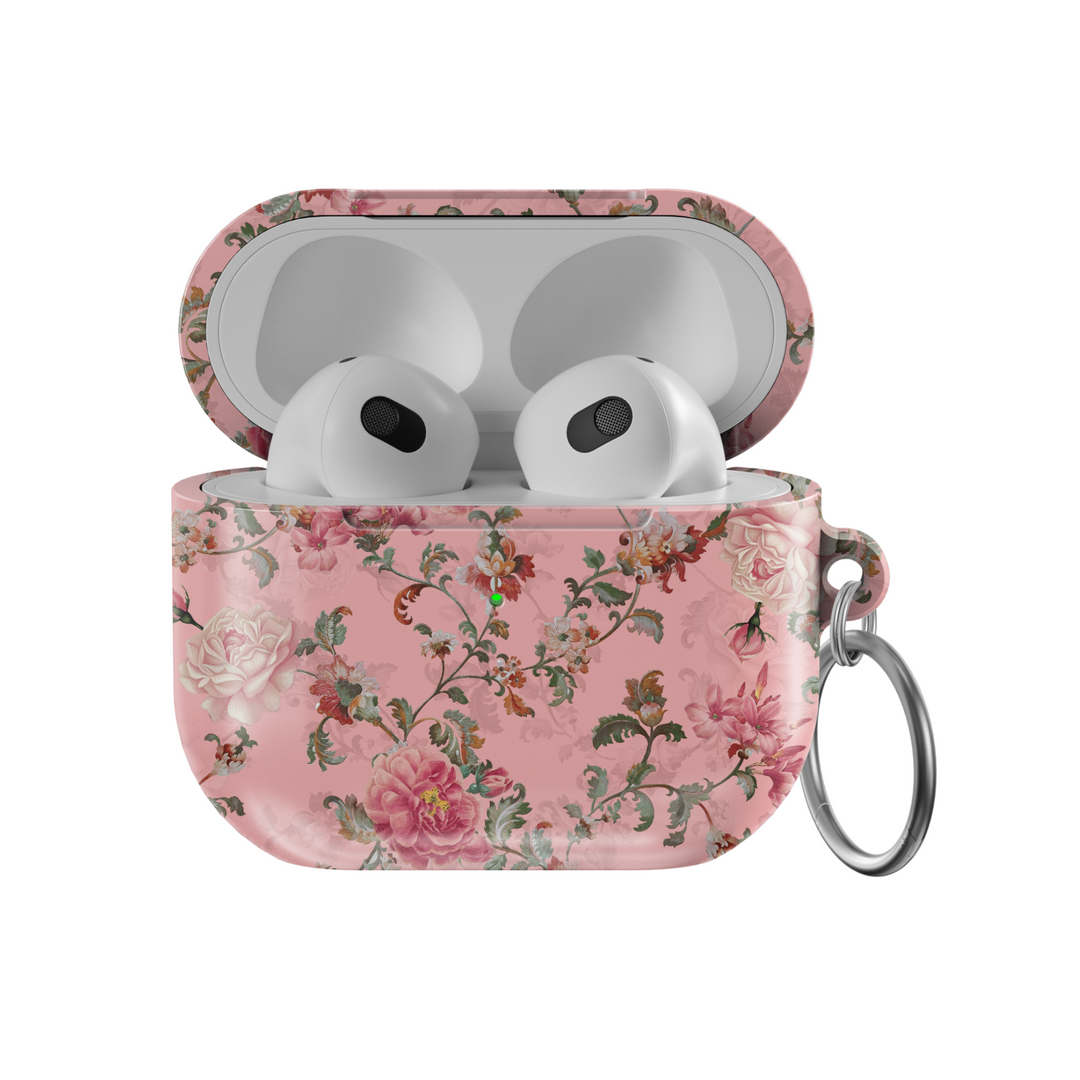 Pink vintage floral AirPods case with romantic flower pattern, cute aesthetic protective AirPods Pro and Gen 1 2 3 cover with keyring attachment

