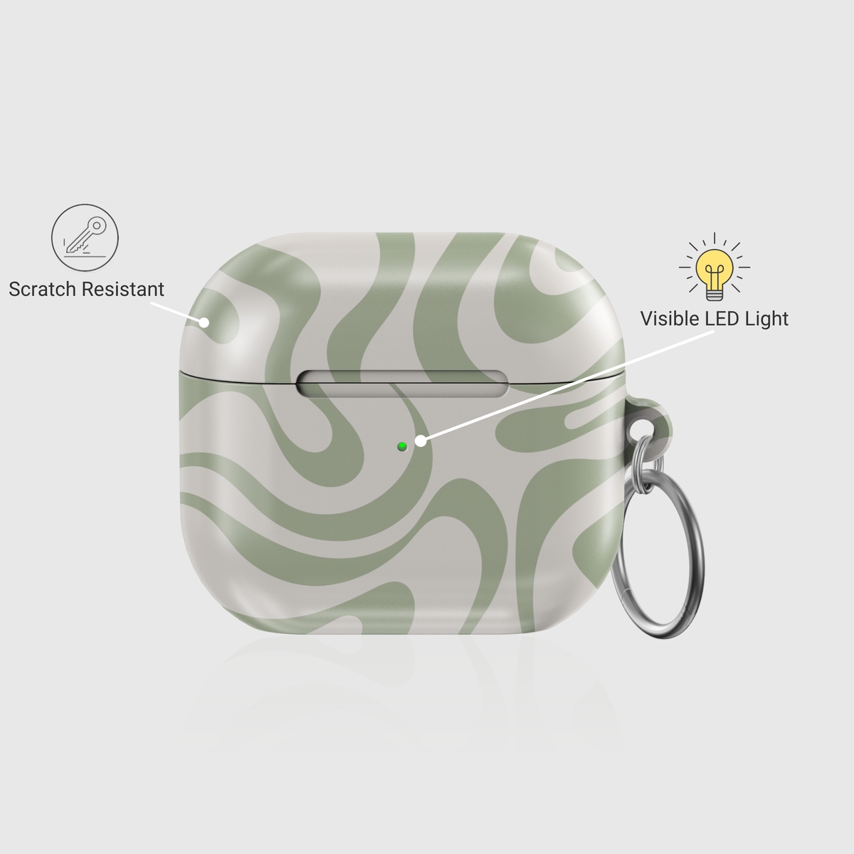 Sage green abstract AirPods 3 case with wave pattern and keychain ring – glossy finish

