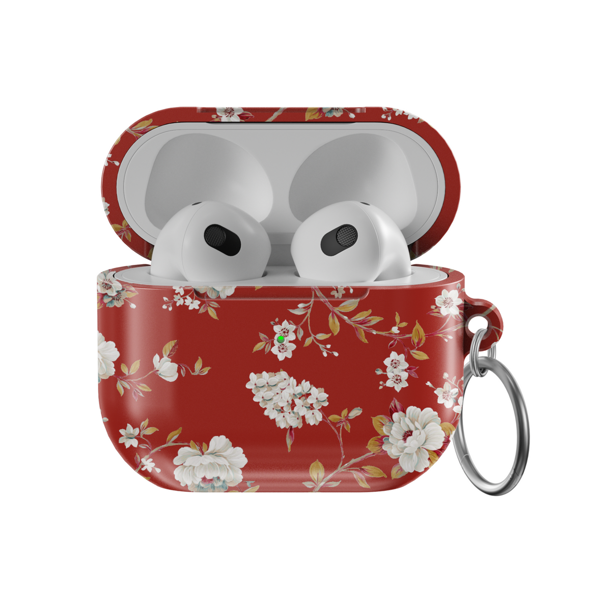 Red AirPods case with elegant vintage floral print and glossy finish | Protective AirPods Pro and Gen 1 2 3 cover with keyring attachment

