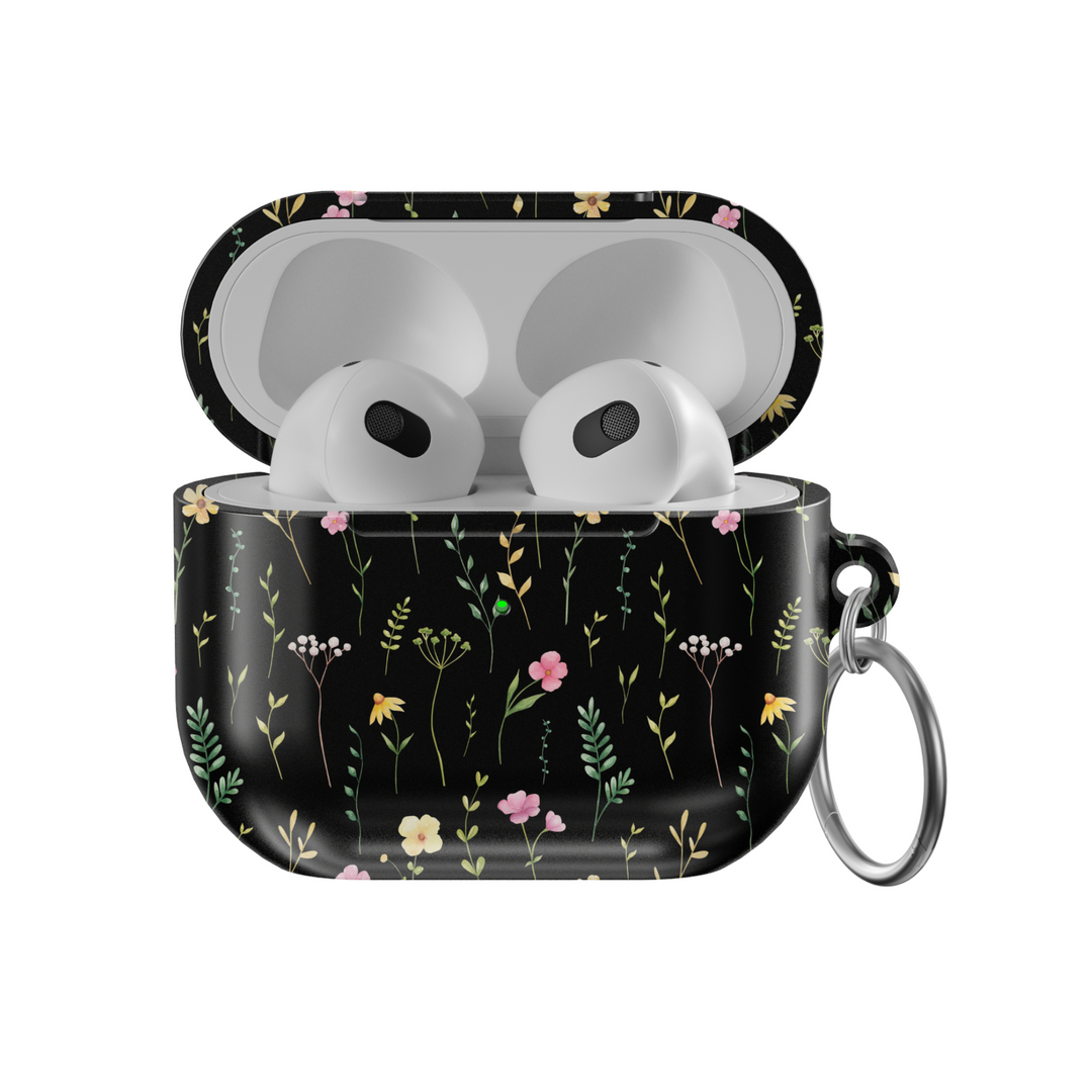 Black floral AirPods case with wildflower pattern and soft matte finish | Stylish protective AirPods Pro & Gen 1 2 3 case with botanical design

