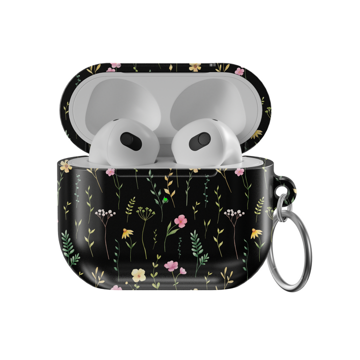 Black floral AirPods case with wildflower pattern and soft matte finish | Stylish protective AirPods Pro & Gen 1 2 3 case with botanical design

