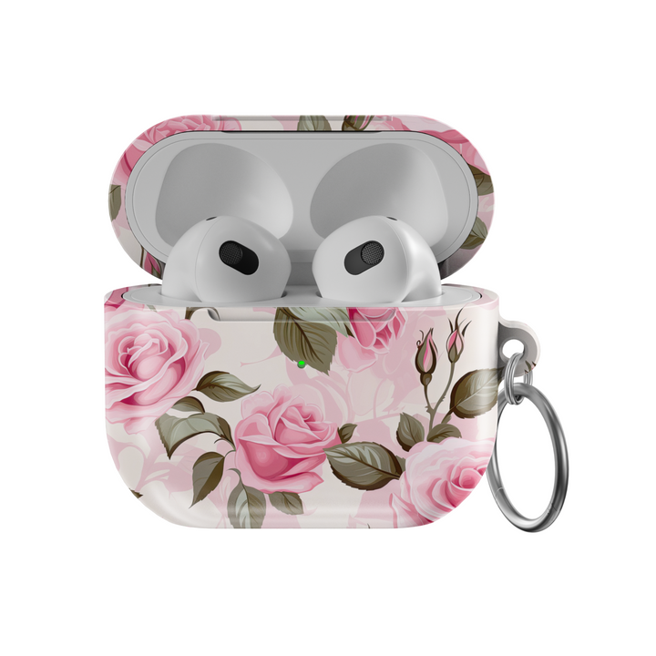 Pink rose floral AirPods case with green leaves and glossy finish | Elegant feminine floral TPU protective AirPods Pro & Gen 1 2 3 cover

