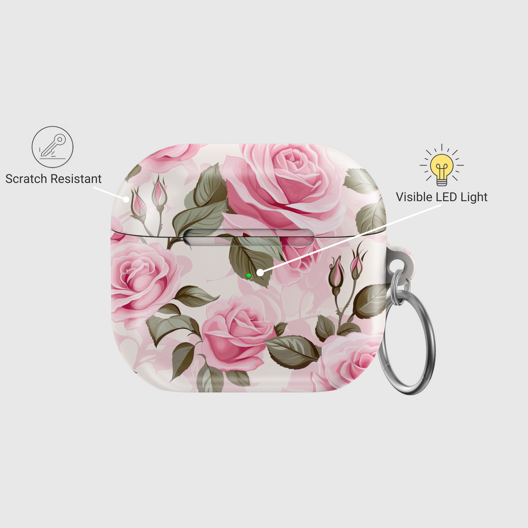 Pink rose floral AirPods case with green leaves and glossy finish | Elegant feminine floral TPU protective AirPods Pro & Gen 1 2 3 cover

