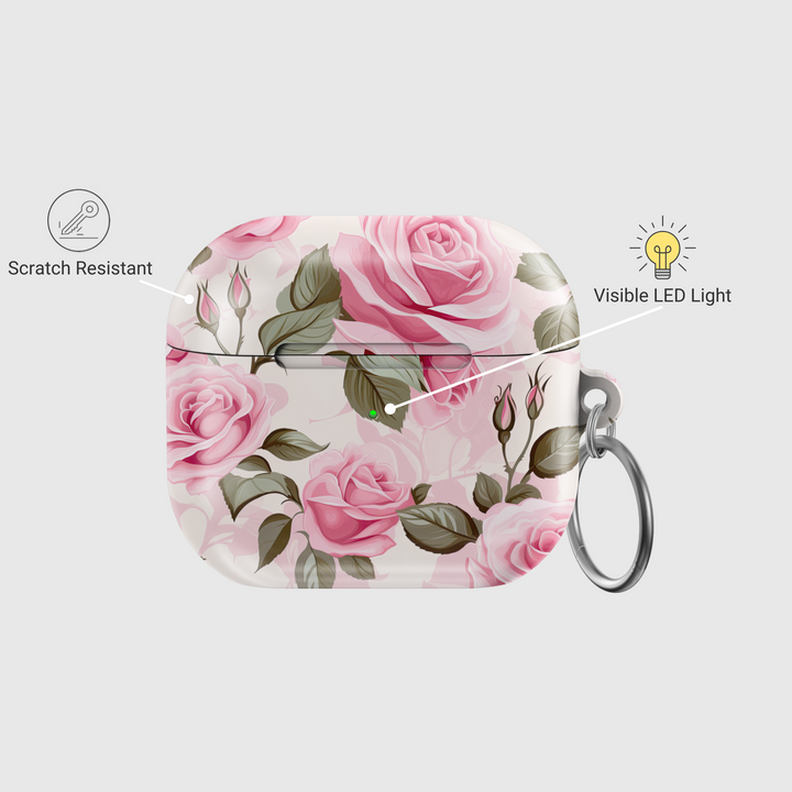 Pink rose floral AirPods case with green leaves and glossy finish | Elegant feminine floral TPU protective AirPods Pro & Gen 1 2 3 cover

