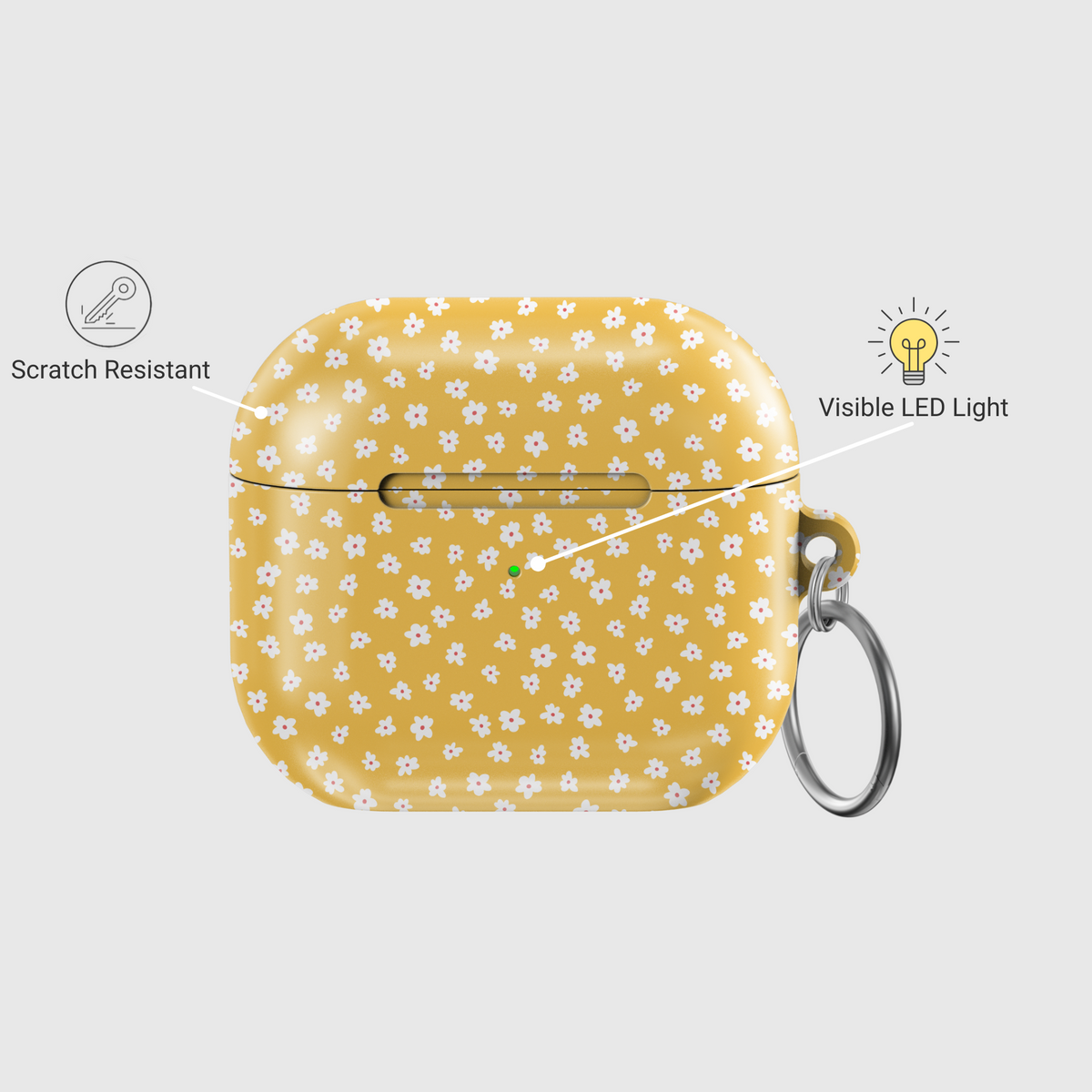 Cute yellow AirPods case with white daisy flower pattern, glossy finish and silver keyring | Girly floral TPU cover for AirPods Gen 1 2 3 and Pro