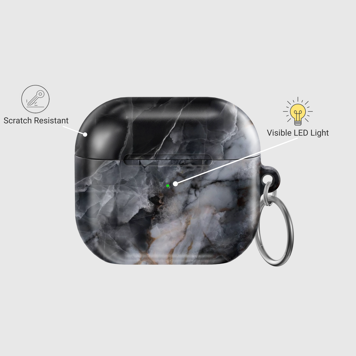 Dark marble AirPods case with smoky black and grey texture, brown-gold veins, glossy finish, with keyring attached for AirPods Pro and Gen 1 2 3