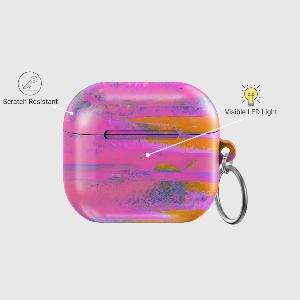 AirPods 3rd Gen case with vivid pink-orange abstract sunset design and silver keychain ring – modern artistic AirPods cover.