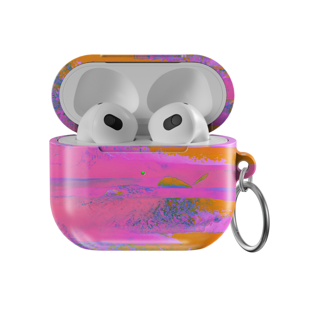 AirPods 3rd Gen case with vivid pink-orange abstract sunset design and silver keychain ring – modern artistic AirPods cover.