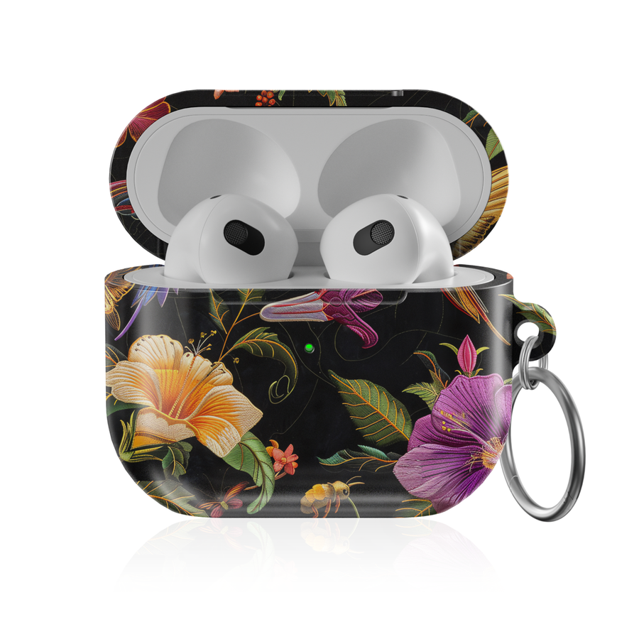 Dark floral AirPods Pro case with botanical night garden design, glossy protective AirPods charging case cover with keyring