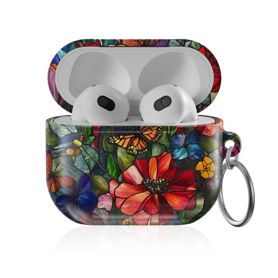 Stained glass floral AirPods Pro case with colorful garden mosaic design, glossy protective AirPods charging case cover with keyring