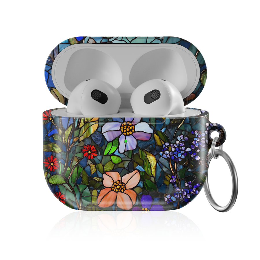Stained glass floral AirPods Pro case with colorful garden mosaic design, glossy protective AirPods charging case cover with keyring