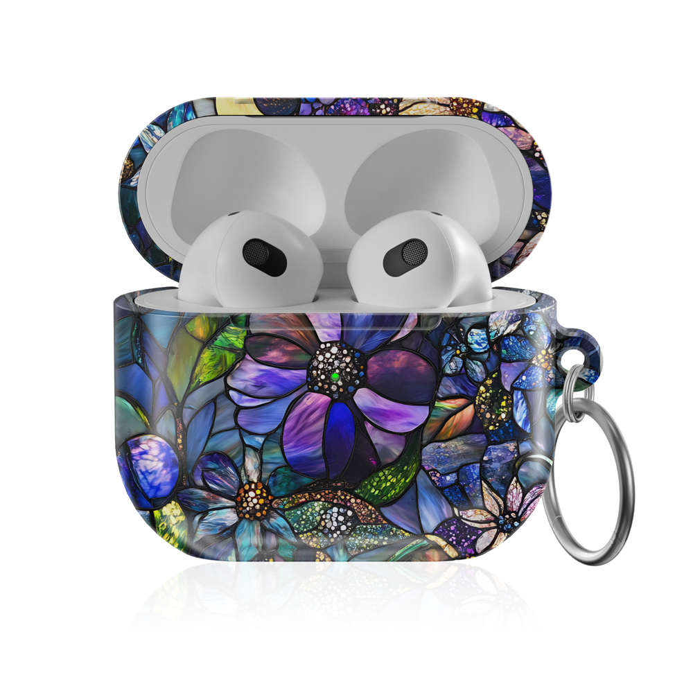 Stained glass floral AirPods Pro case with colorful mosaic flower design, glossy protective AirPods charging case cover with keyring