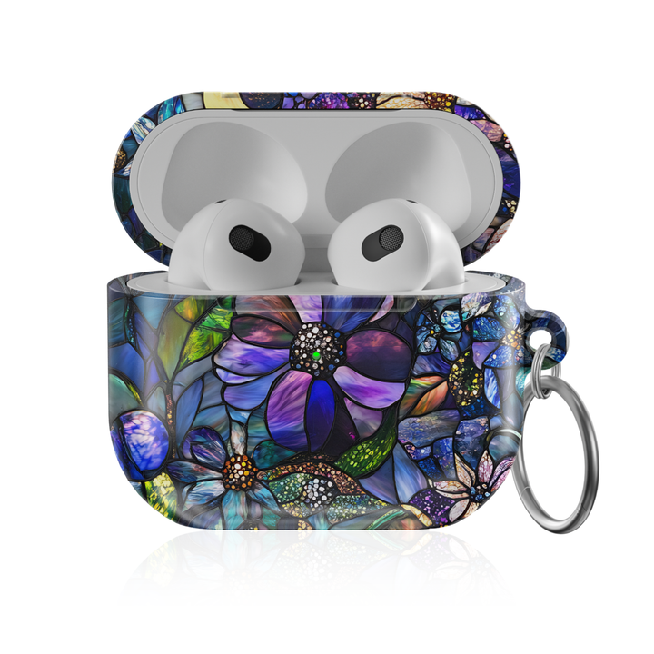 Stained glass floral AirPods Pro case with colorful mosaic flower design, glossy protective AirPods charging case cover with keyring