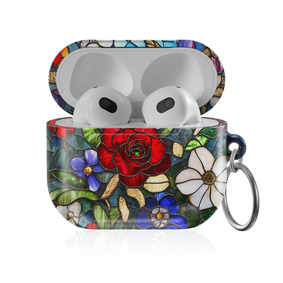 Stained glass floral AirPods Pro case with colorful mosaic flower design, glossy protective AirPods charging case cover with keyring