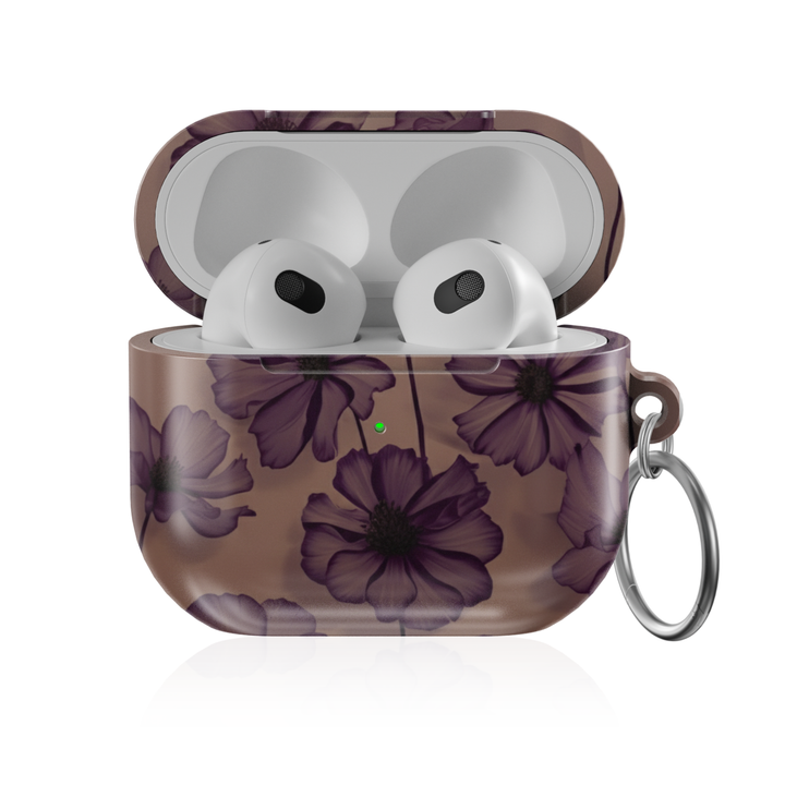Personalized AirPods Pro case with dusky floral print and custom initials, glossy protective AirPods charging case cover with keyring