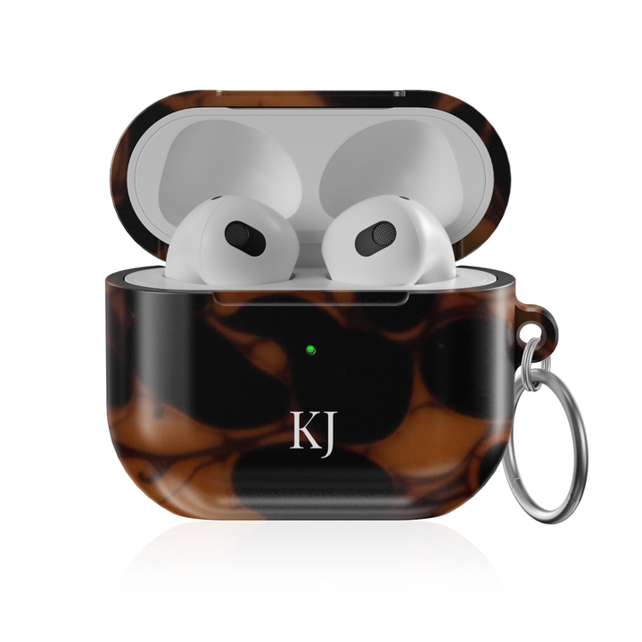 Personalized AirPods Pro case with abstract tortoise print pattern and custom initials, glossy protective AirPods charging case cover with keyring
