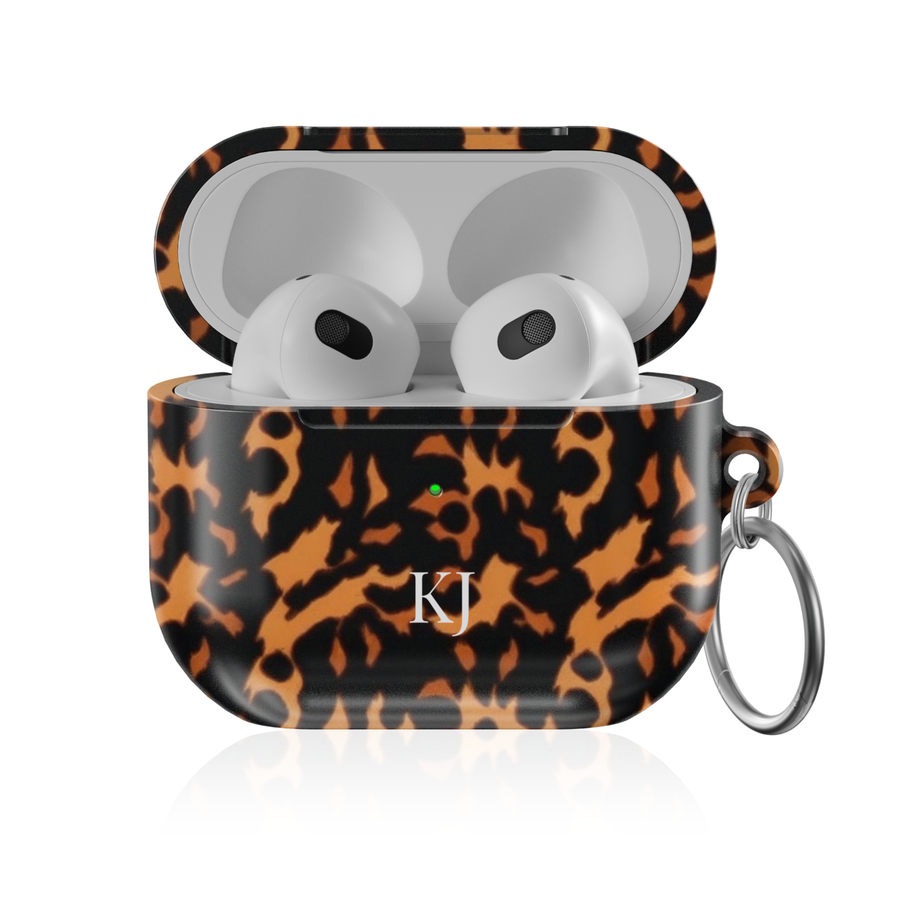 Personalized AirPods Pro case with abstract tortoise print pattern and custom initials, glossy protective AirPods charging case cover with keyring