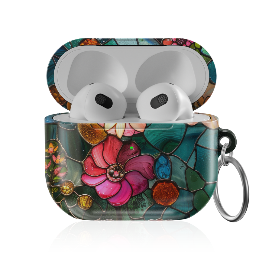 Stained glass floral AirPods Pro case in emerald green with pink flower design, glossy protective AirPods charging case cover with keyring